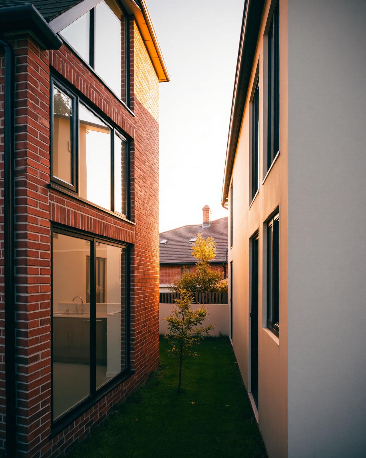 Modern residential home with warm brick and large windows at golden hour